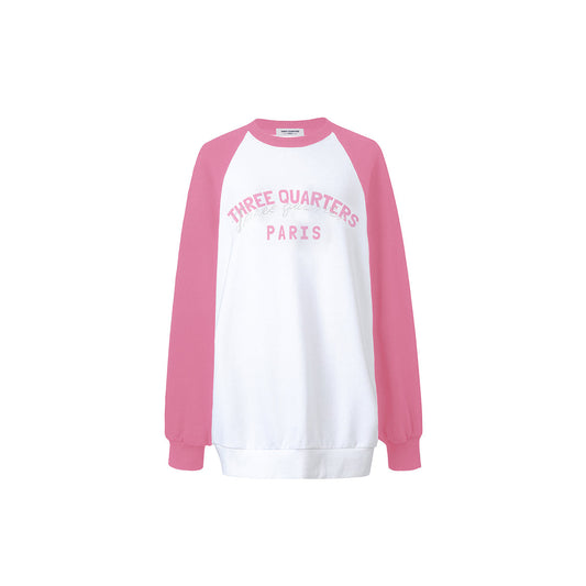 Three Quarters Rhinestone Printed Crew Neck Sweater Pink