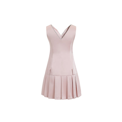 Three Quarters Small V-Neck Pleated Dress Pink