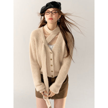 AsGony V-Neck Halter Ribbon Short Knit Cardigan Khaki