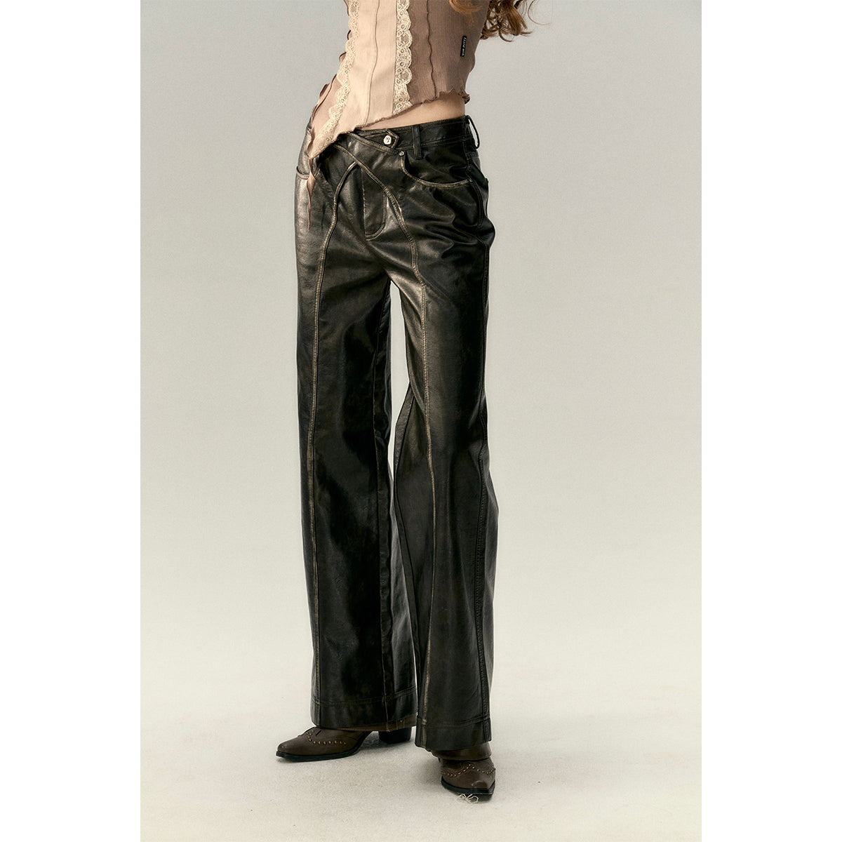 Via Pitti Cross Waist Distressed Leather Pants Black