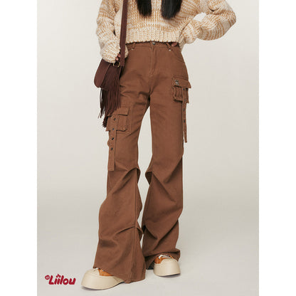 Liilou Multi-Pocket Wrinkle Flared Cargo Pants Brown