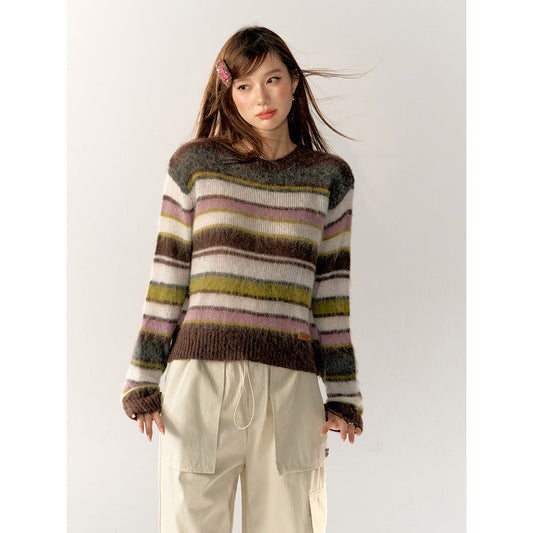 AsGony Contrast Color Striped Knit Sweater Brown