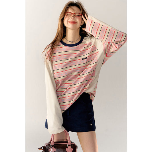 AsGony Contrast Color Striped Casual L/S T-Shirt Pink