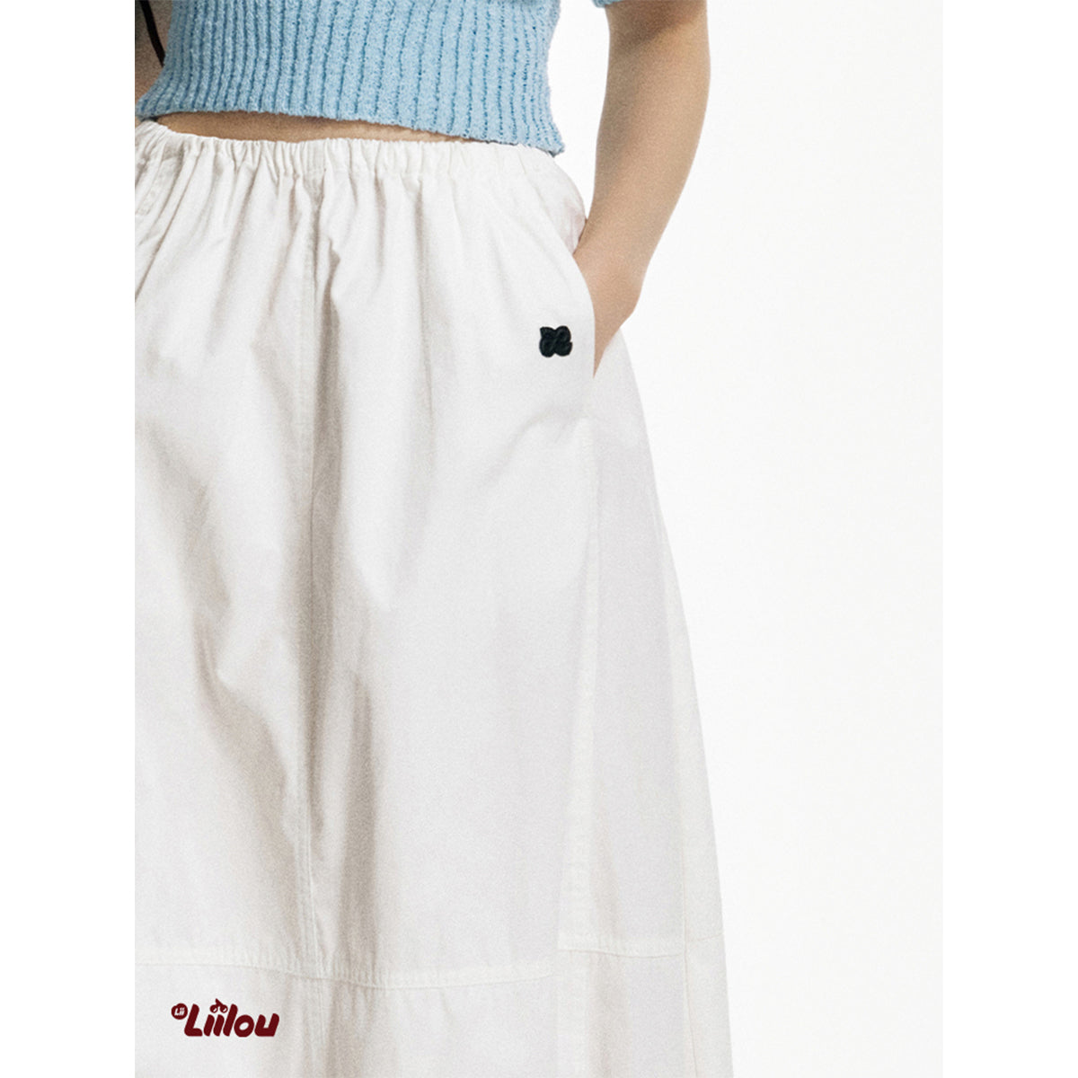 Liilou Elastic Waist Bud Drawstring Long Skirt White