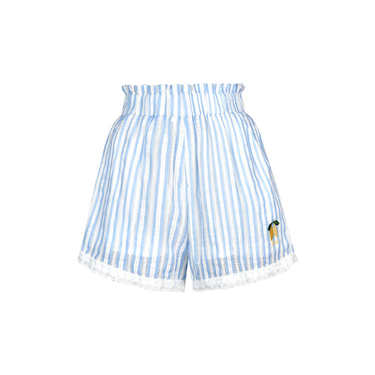 Kroche Lace Edge Striped Embroidery Shorts Blue