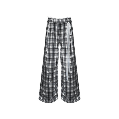 AsGony Lace Edge Plaid Casual Straight-Leg Pants Black