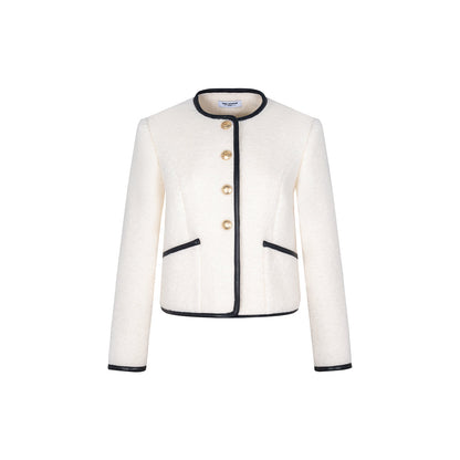 Three Quarters Color Blocked Woolen Structural Jacket White