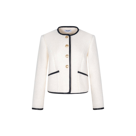 Three Quarters Color Blocked Woolen Structural Jacket White