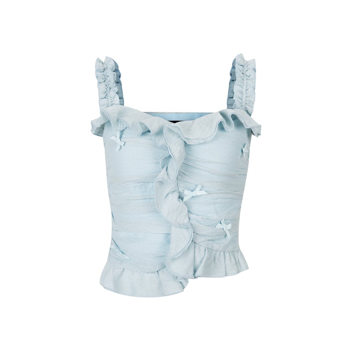 Via Pitti Ruffle Trim Bow Knots Halter Camisole Blue