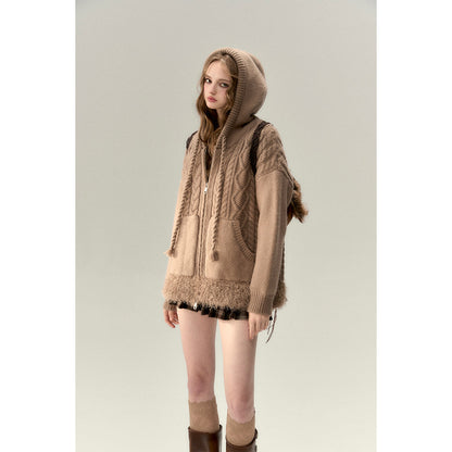 Via Pitti Fuzzy Edge Hooded Twist Knit Zipped Cardigan Brown