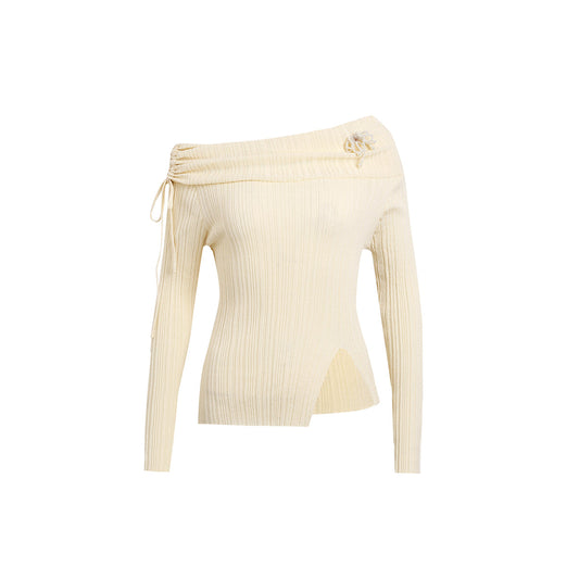 Wildshadow Off-Shoulder Drawstring Knit Top Cream