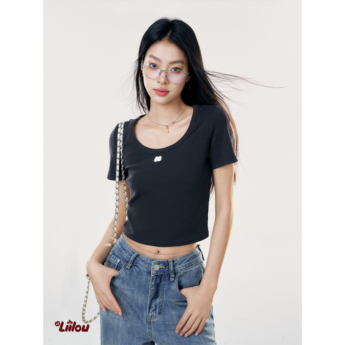 Liilou U-Neck Straight Shoulder T-Shirt Dark Grey