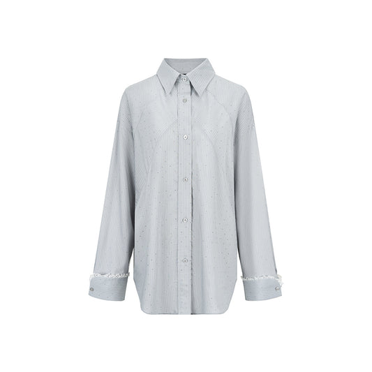 Via Pitti Sparkly Lace Patchwork Striped Shirt Misty Blue