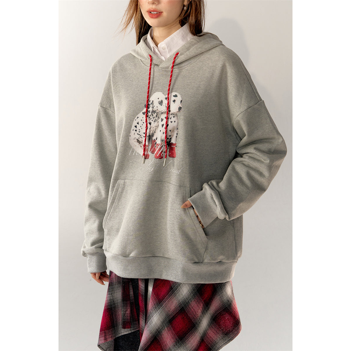 AsGony Printed Spotted Puppy Casual Hoodie Gray