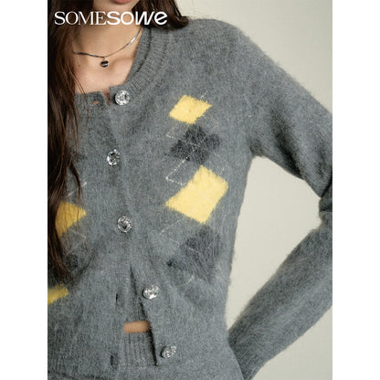 SomeSowe Color Blocked Checkered Woolen Cardigan