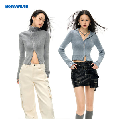 NotAwear Washed Irregular Zip Up Knit Top Blue