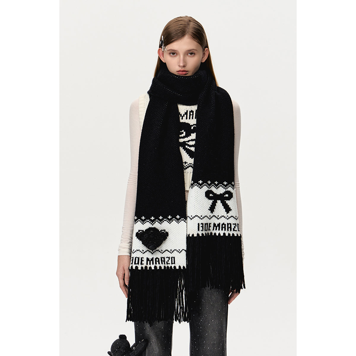 13De Marzo Fair Isle Jacquard Knit Scarf Black