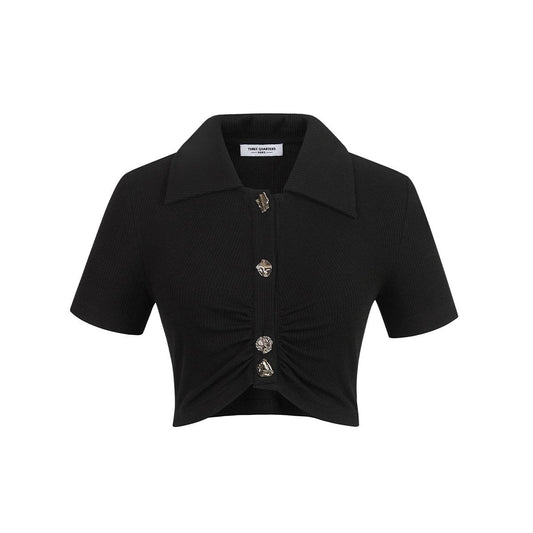 Three Quarters Irregular Button Wrinkled Cropped Top