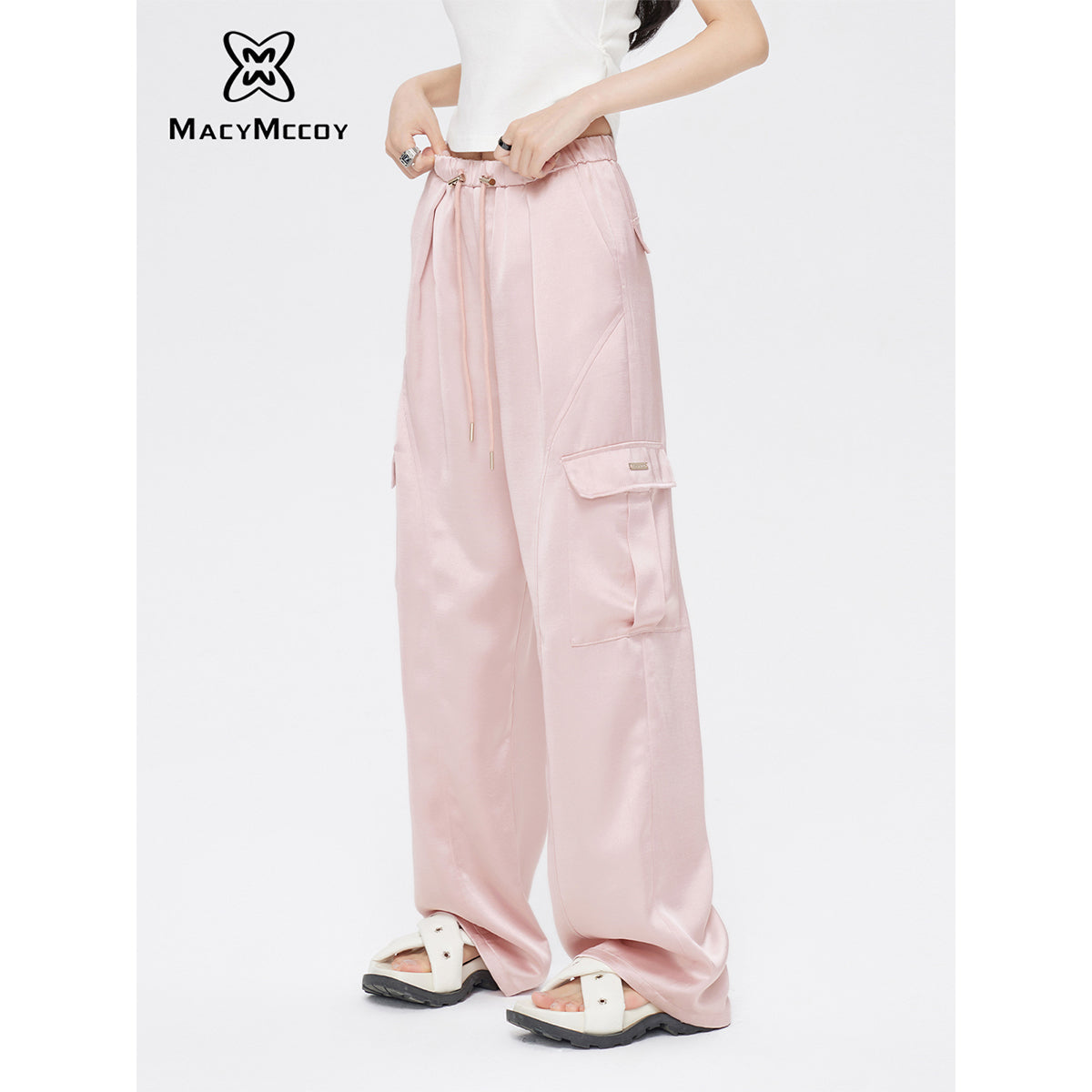 MacyMccoy Satin Draped Wide-Leg Cargo Pants Pink