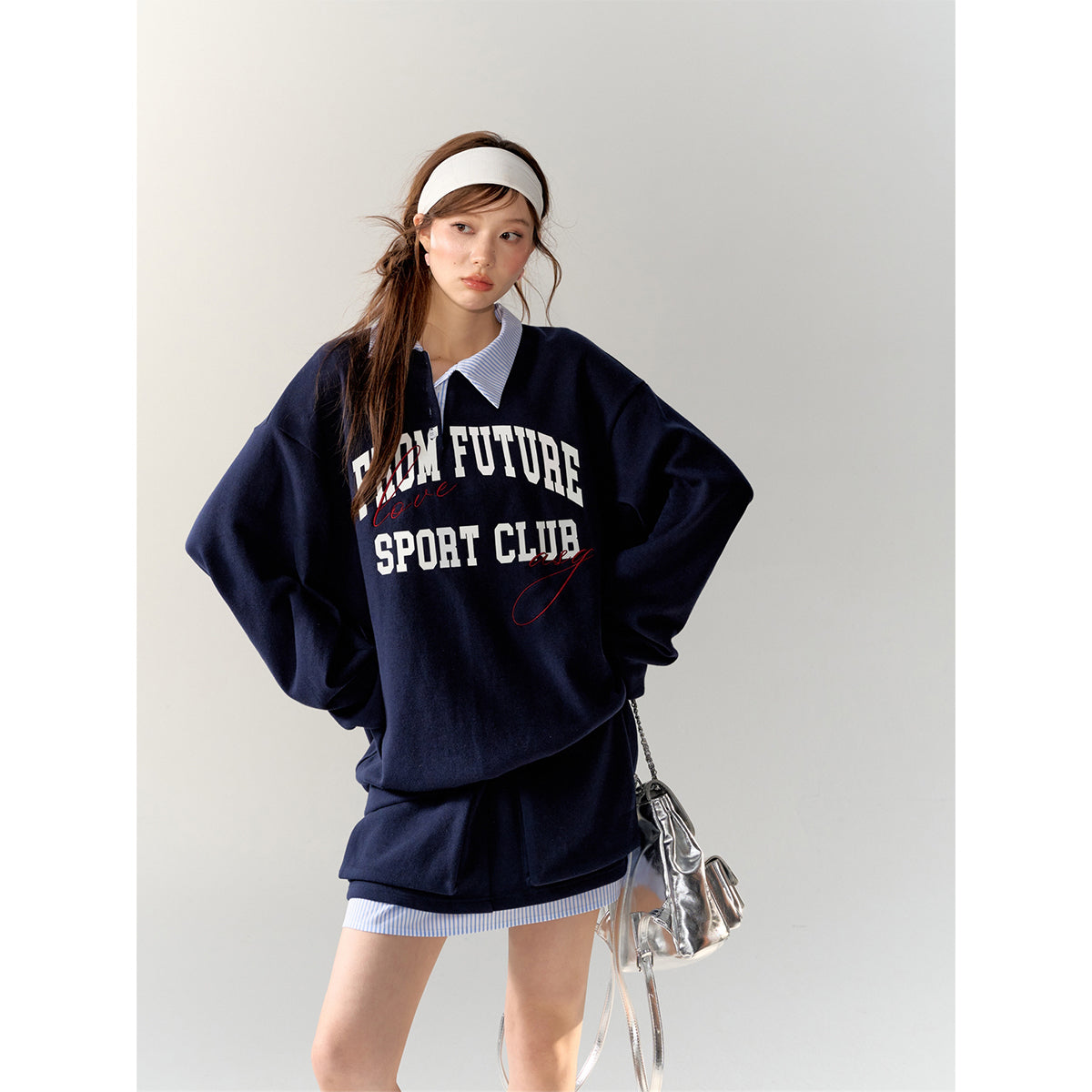 AsGony Retro Irregular Fake-2-Piece Sweater Blue