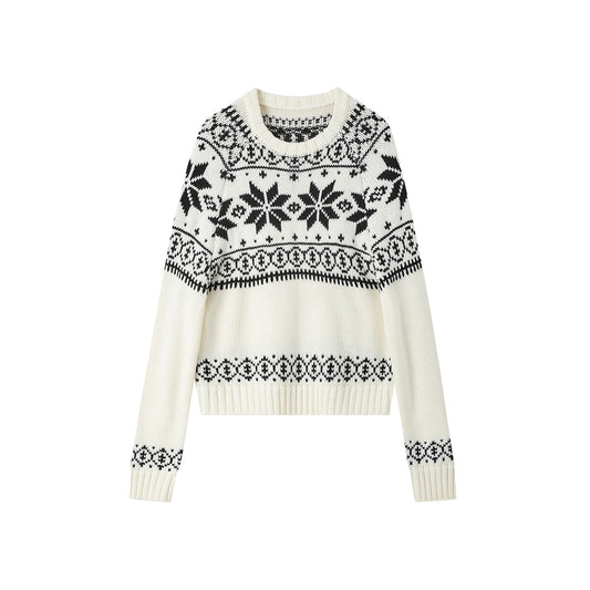 SomeSowe Vintage Jacquard Round-Neck Knit Sweater White