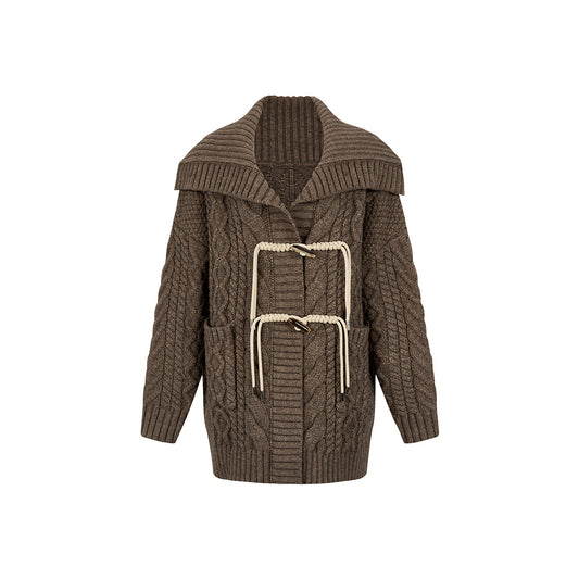 Via Pitti Horn Button Twisted Knit Cardigan Brown