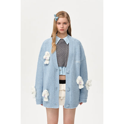 13De Marzo Drilled Bear V-Neck Knit Cardigan Light Blue