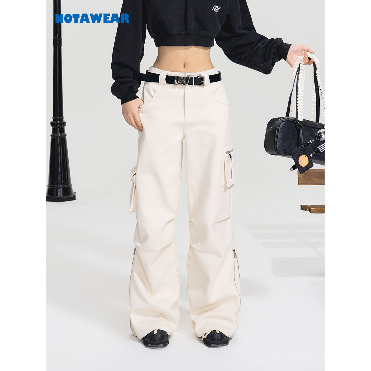 NotAwear High Waist Zipper Cargo Pants Cream