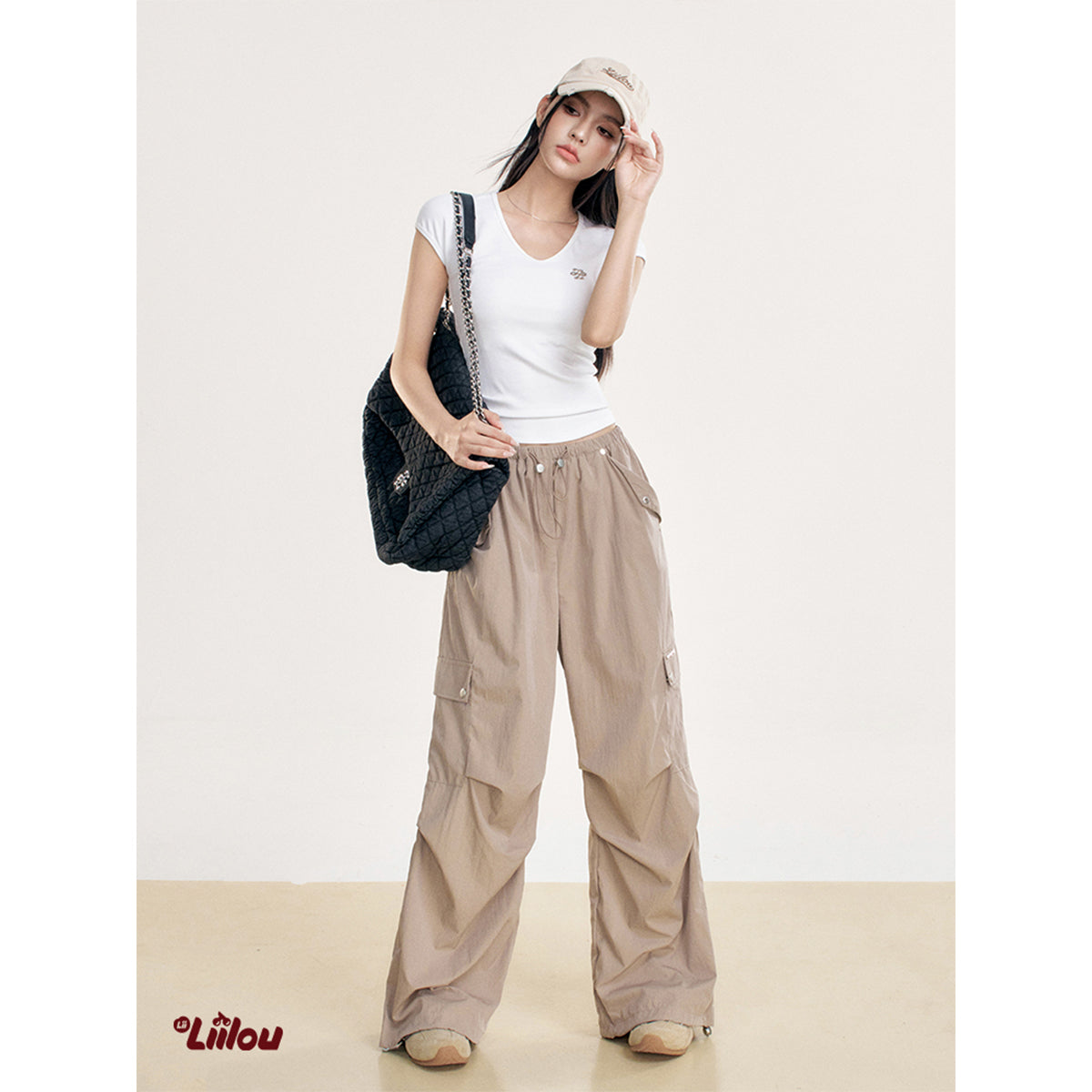 Liilou Drawstring Multi-Pockets Wide-Leg Cargo Pants