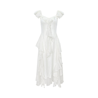 AsGony Ruffled Patchwork Slip Long Dress White