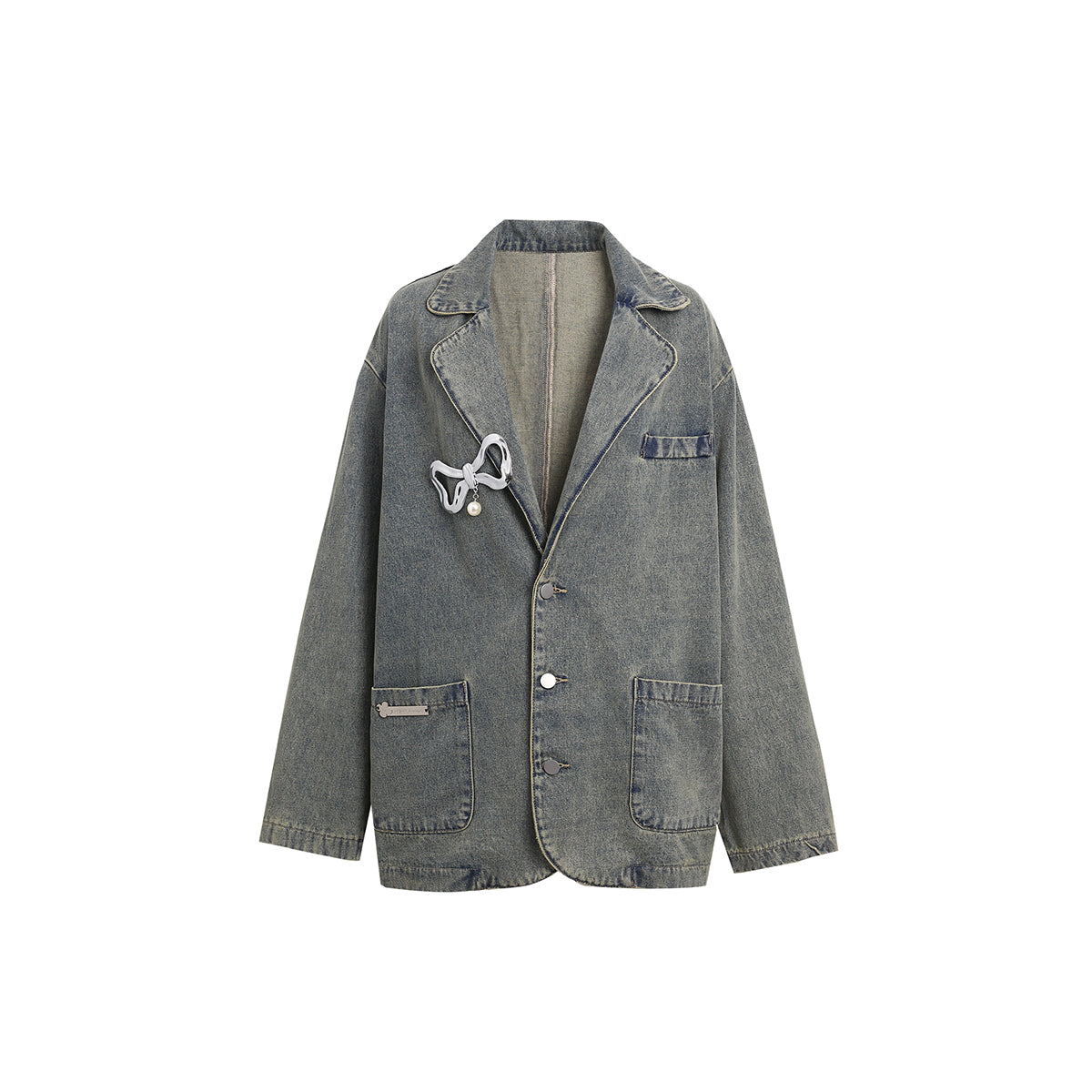 Wildshodow Metal Bow-Knot Washed Denim Jacket