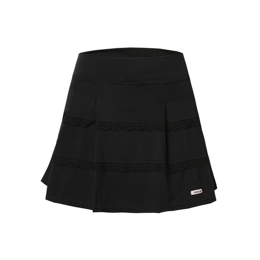 Kroche Lace Edge Patchwork Pleated Skirt Black