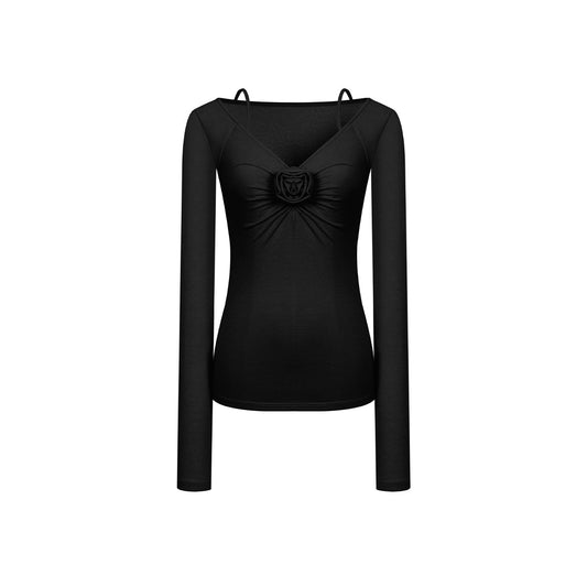 Three Quarters Plush Rose Slim Knit Sling Top Black