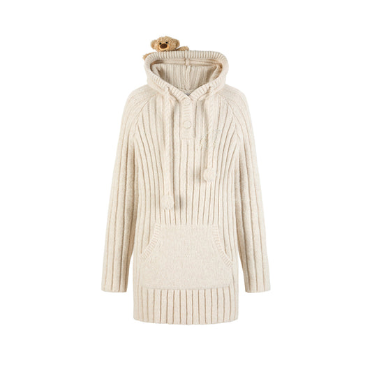 13De Marzo Plush Bear Hooded Knit Dress Sweater Beige