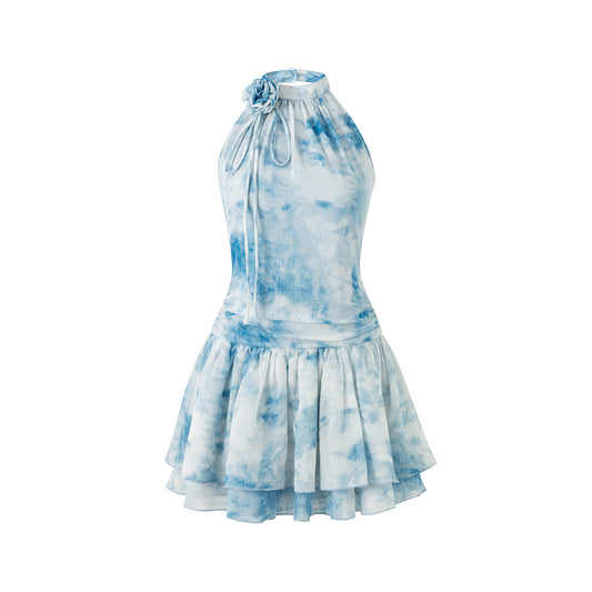 Eimismosol Rendering Ink Painted Flower Dress Blue