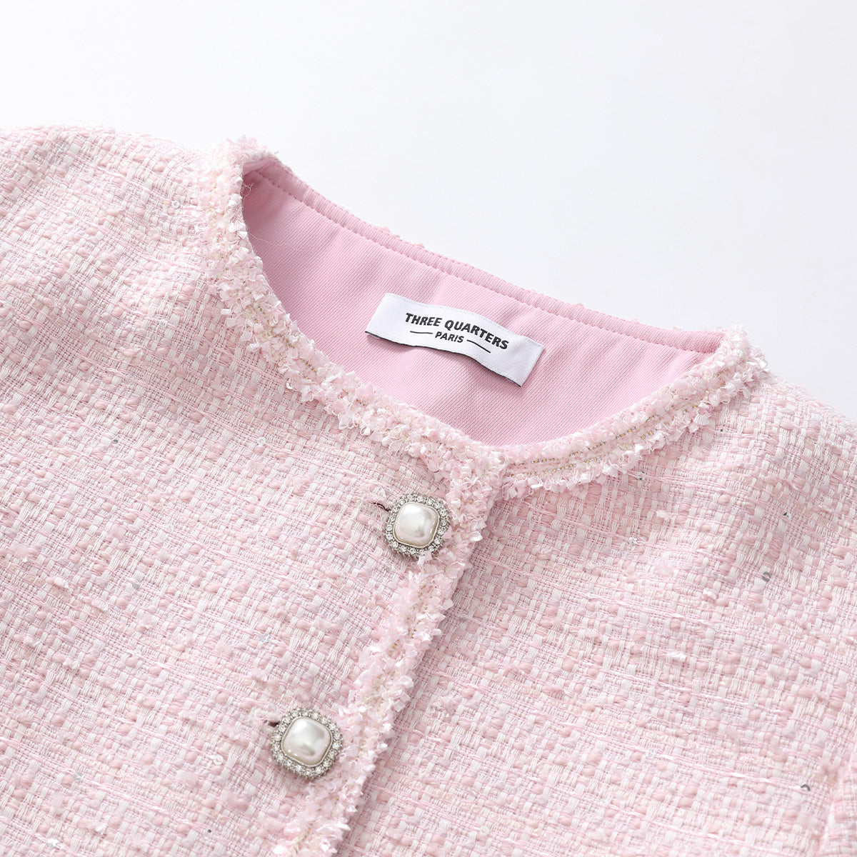 Three Quarters Woolen Tweed Irregular Cutting Jacket Pink