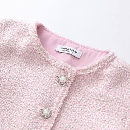 Three Quarters Woolen Tweed Irregular Cutting Jacket Pink