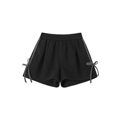 SomeSowe Contrast Color Bow Lace Up Shorts Black