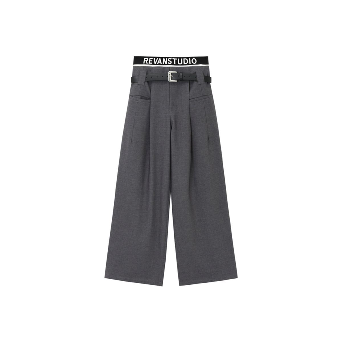 Revan Double Waist Logo Wide Leg Suit Pants Grey