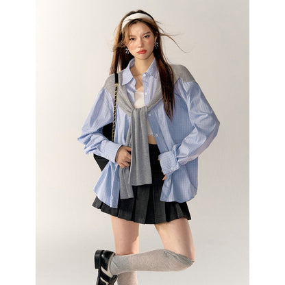 AsGony Fake-2-Piece Shawl Plaid Casual Shirt Blue