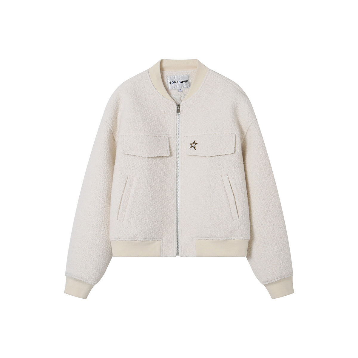 SomeSowe Star Embroidery Loop Woolen Jacket White