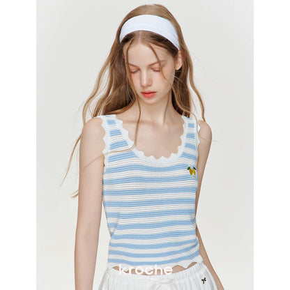 Kroche Hollow Out Striped Embroidered Knit Vest Blue