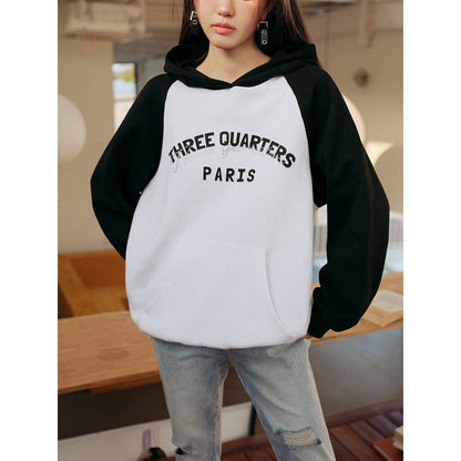 Three Quarters Rhinestone Printed Logo Hoodie Black