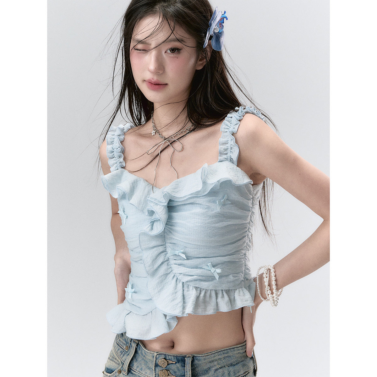 Via Pitti Ruffle Trim Bow Knots Halter Camisole Blue