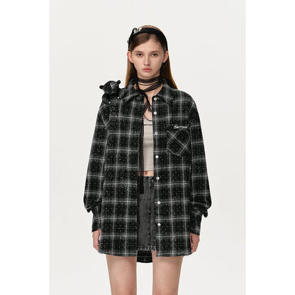 13De Marzo Bear Sparkly Drill Plaid Shirt Black