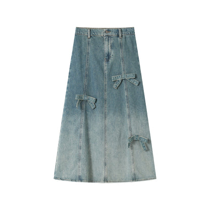 SomeSowe Gradient Stereo bow Denim Long Skirt