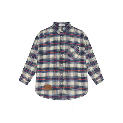 AsGony Retro Raw Edge Distressed Plaid Shirts Blue