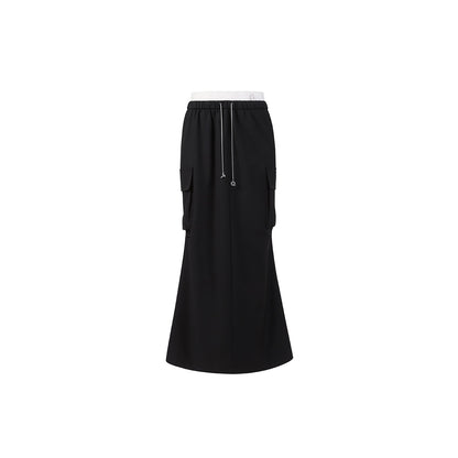 Three Quarters Color Blocked Cargo Flare Long Skirt Black