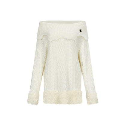 Via Pitti Destroy Cutting Off-Shoulder Knit Sweater Dress White