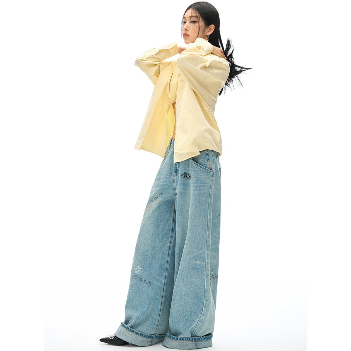 NotAwear Logo Embroidery Casual Oversized Shirt Yellow